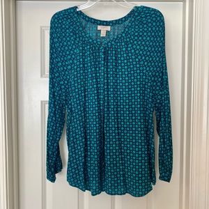 LOFT navy & aqua long sleeved shirt with hidden buttons down front- size large